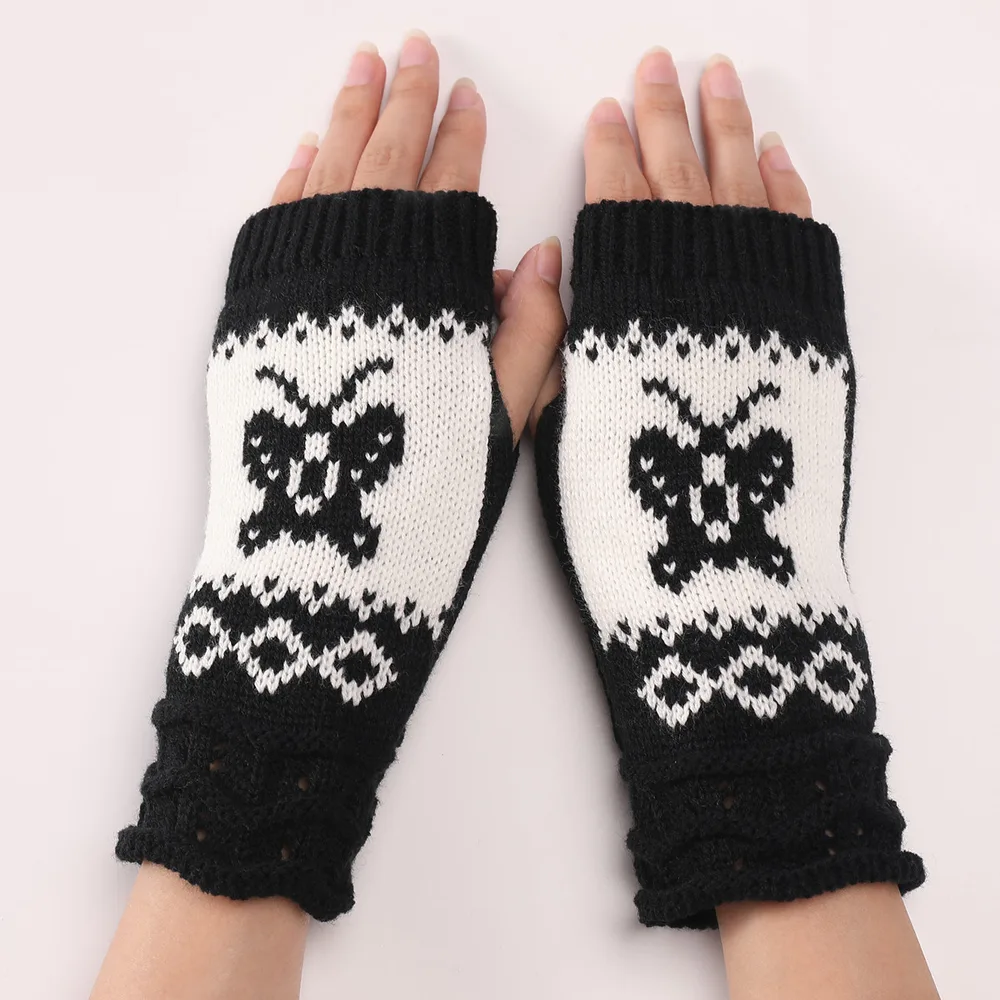 Cute Autumn And Winter Fashion New Butterfly Wool Warm Gloves - Black