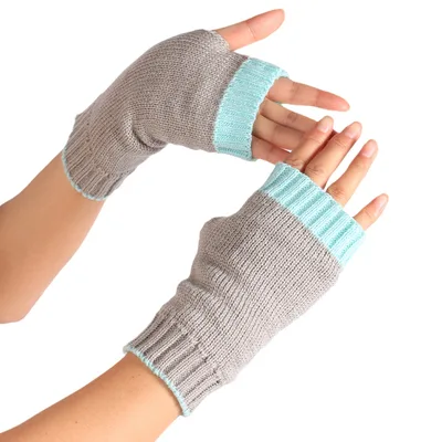 Half Finger Warm Color Wrist Wrap Warm Wool Gloves Light Greylight Blue Border - Shop at LoveMi