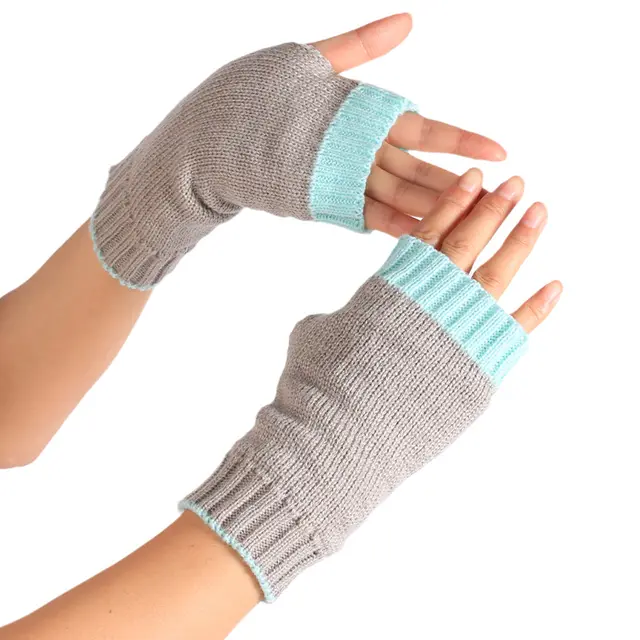 Half Finger Warm Color Wrist Wrap Warm Wool Gloves - Light Greylight Blue Border - View 1