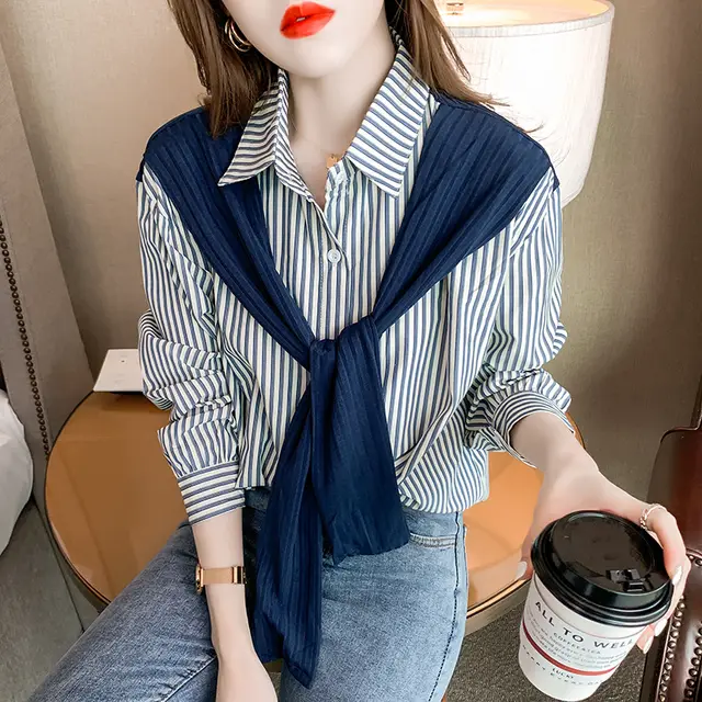 Women's Two Striped Shirts Design Niche Long Sleeves Navy Blue - Shop at LoveMi