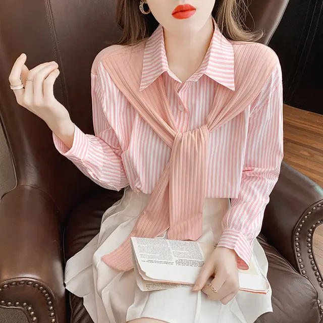 Women's Two Striped Shirts Design Niche Long Sleeves Pink - Shop at LoveMi
