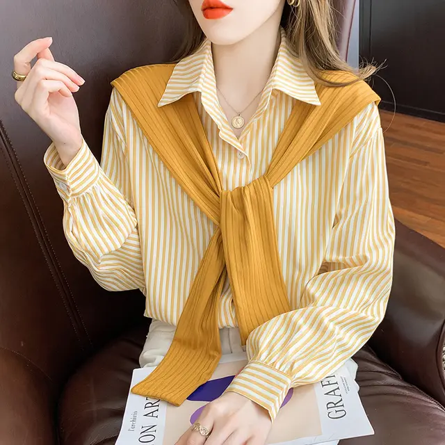 Women's Two Striped Shirts Design Niche Long Sleeves Turmeric - Shop at LoveMi