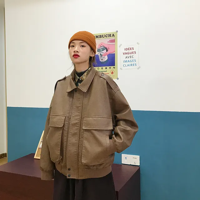 Women's Style Ins Jacket In Loose Retro Leather Coffee - Shop at LoveMi