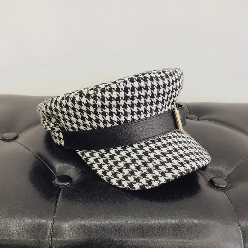 Houndstooth Belt Buckle Navy Flat Military Hat Women's Fashion Houndstooth Cap - Shop at LoveMi
