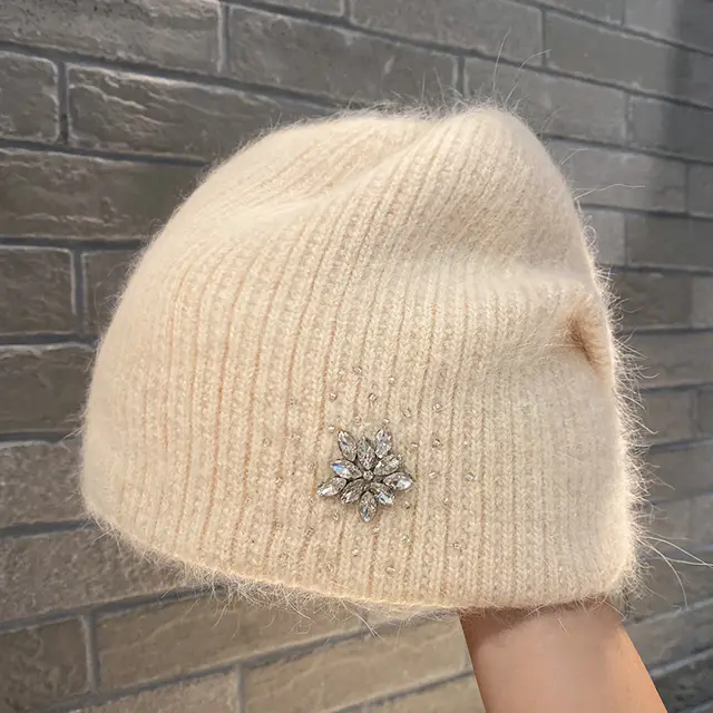 Women's Rabbit Hair Knitted Hat Thickened Warm Rhinestone Flowers Beige - Shop at LoveMi