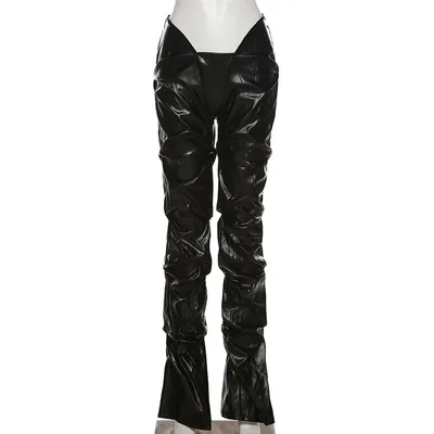 Wrinkled PU Leather Low Waist Street Casual Trousers Black - Shop at LoveMi