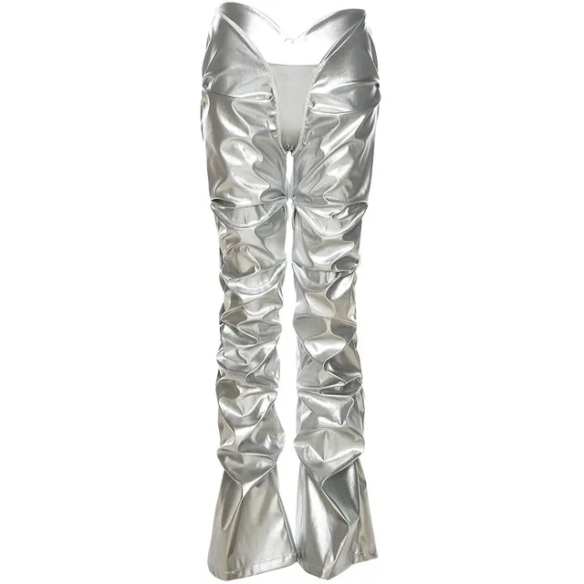 Wrinkled PU Leather Low Waist Street Casual Trousers Silver - Shop at LoveMi