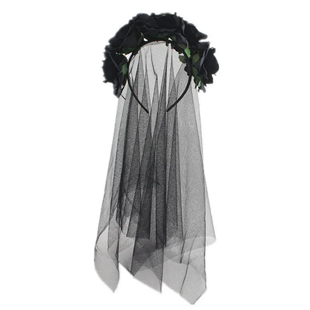 Halloween Headband Rose Flower Black Veil Witch Black - Shop at LoveMi