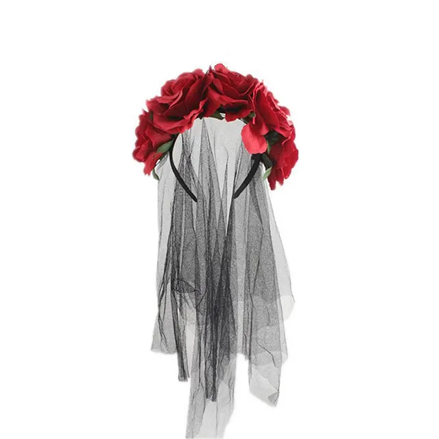 Halloween Headband Rose Flower Black Veil Witch Red - Shop at LoveMi