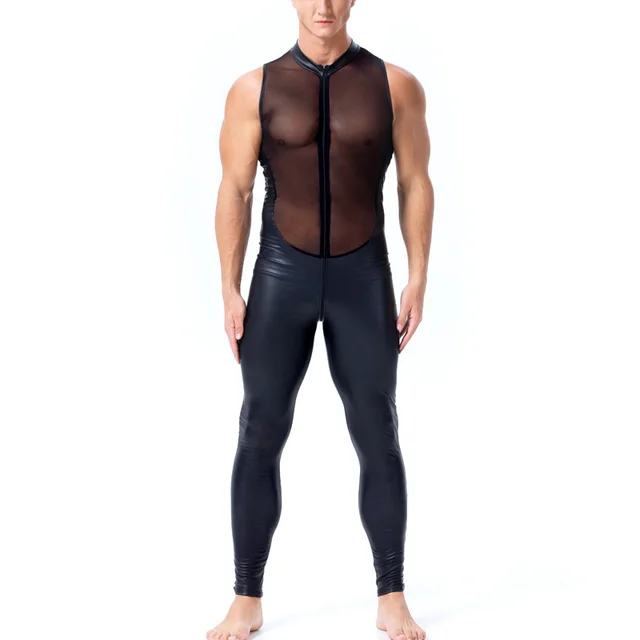 Men's Wild Patent Leather And Mesh Panel Bodysuit Black - Shop at LoveMi