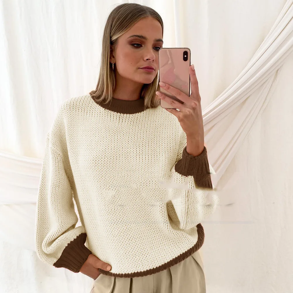 New Women's Knitted Sweater Stitched Pullover Loose Apricot - Shop at LoveMi