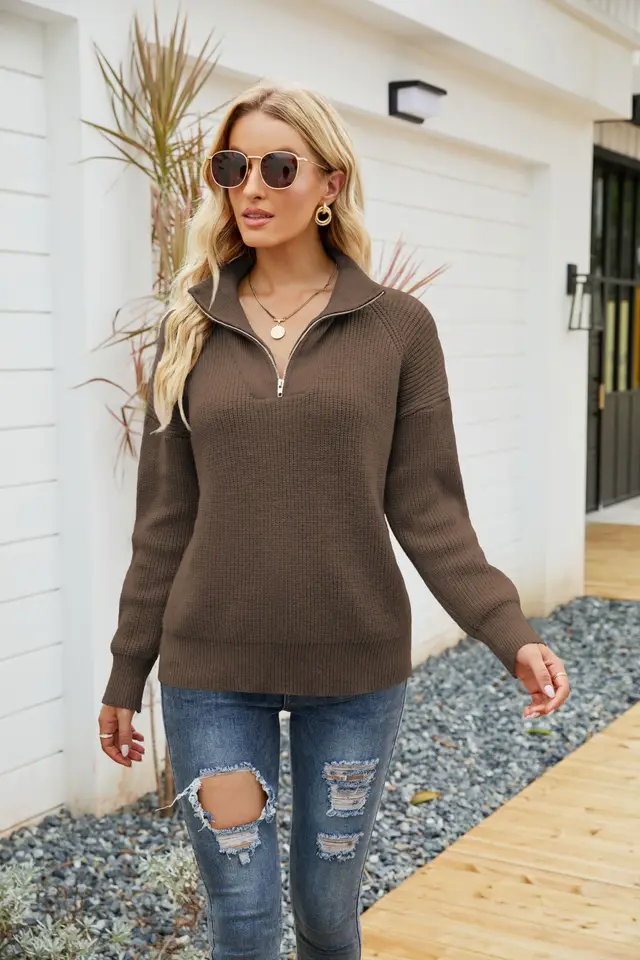 Women's Fashion Striped Colorblock Sweater Long Sleeve Zip Coffee - Shop at LoveMi