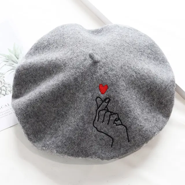 Stitched Ins Style Wool Knit Beret Women's Embroidered Hat Dark Grey Than Heart - Shop at LoveMi