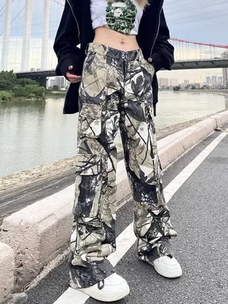 High Street Vintage Camo Cargo Pocket Wide Leg Pants - Army Green