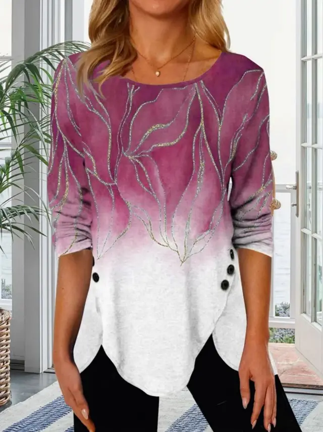 Printed Buttons Irregular Hem Crew Neck Mid Sleeve T Shirt Pink - Shop at LoveMi