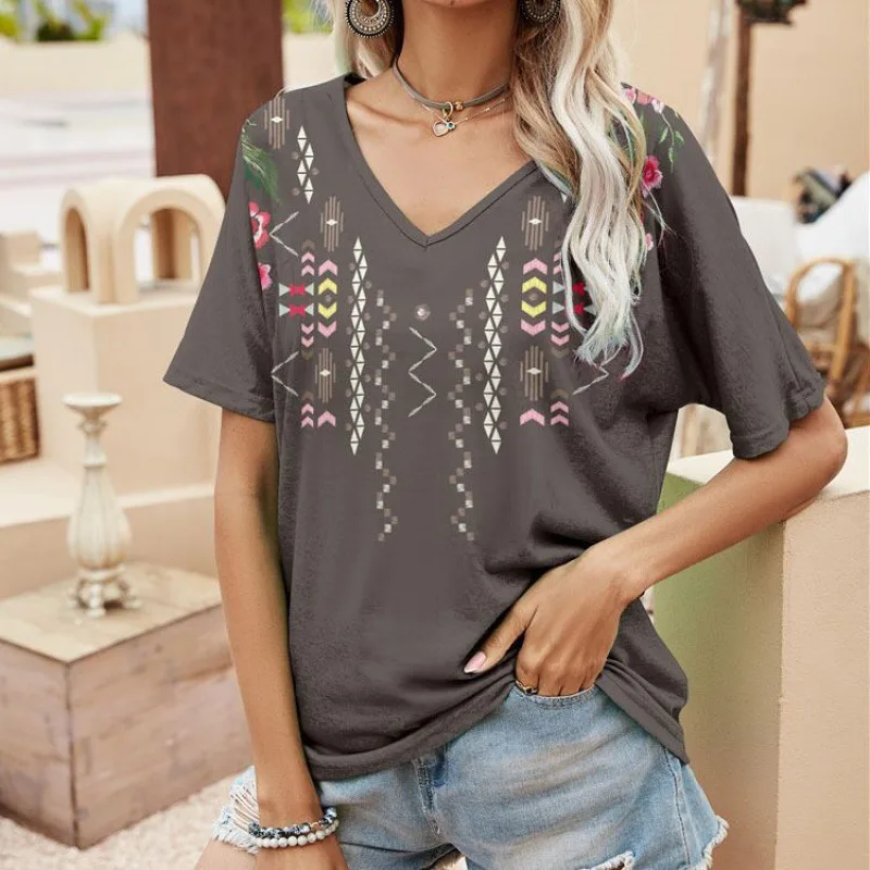 Women's Ethnic Style 3D Color Creative Fashion V Neck T Shirt Dy20010 - Shop at LoveMi