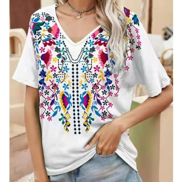 Women's Ethnic Style 3D Color Creative Fashion V Neck T Shirt Rr22531000 - Shop at LoveMi