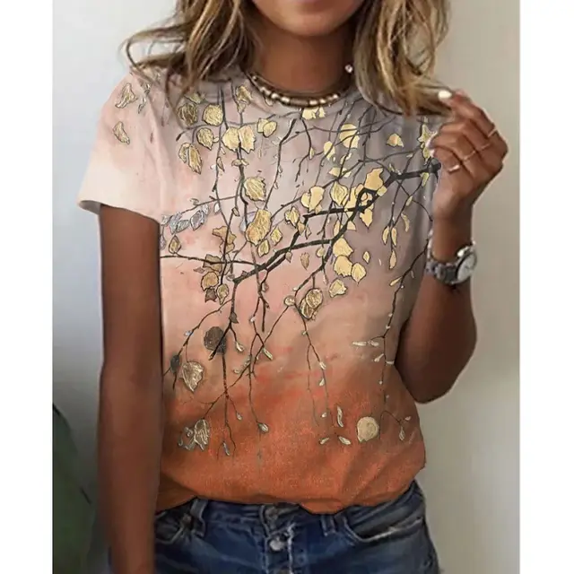Women's Floral 3D Digital Printing Short Sleeve Top T Shirt Orange - Shop at LoveMi