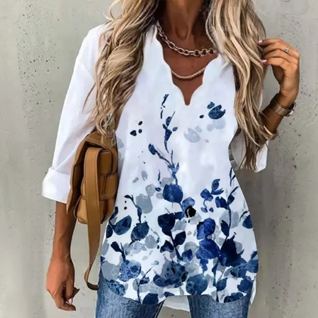 Women's Temperament New Wave Collar Shirt Printing Women Blue Broken Flower - Shop at LoveMi