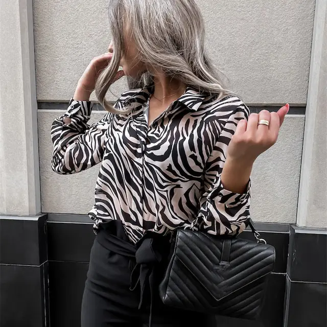 Women's V Neck Printed Long Sleeve Elegant Top Black And White Zebra - Shop at LoveMi