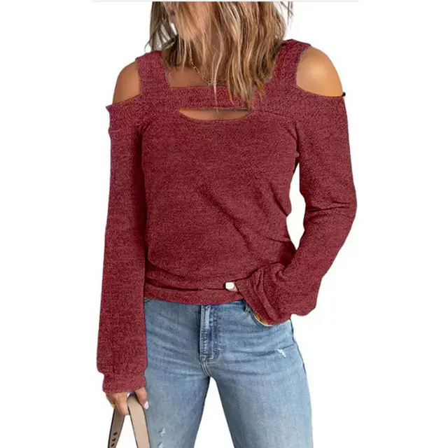 Autumn And Winter Fashion Casual Solid Color Off shoulder Loose Long Sleeve T shirt Women Red - Shop at LoveMi