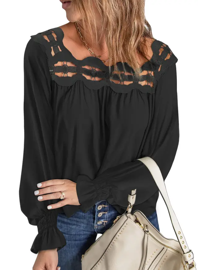Solid Color Loose Pullover Shirt Hollow Lace Square Neck Long Sleeve Top Women Black - Shop at LoveMi
