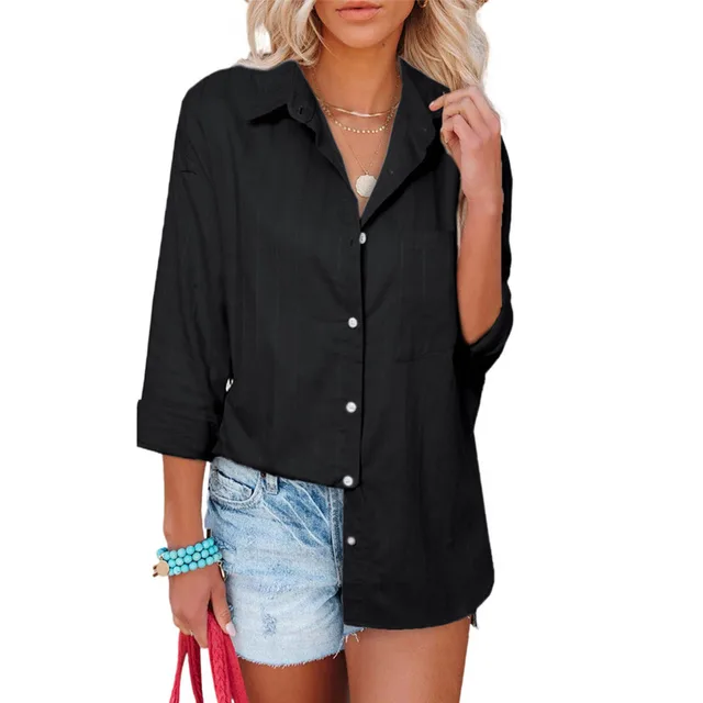 Single Breasted Solid Lapel Vertical Bar Blouse Black - Shop at LoveMi