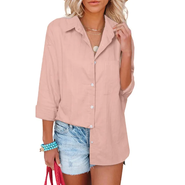 Single Breasted Solid Lapel Vertical Bar Blouse Pink - Shop at LoveMi