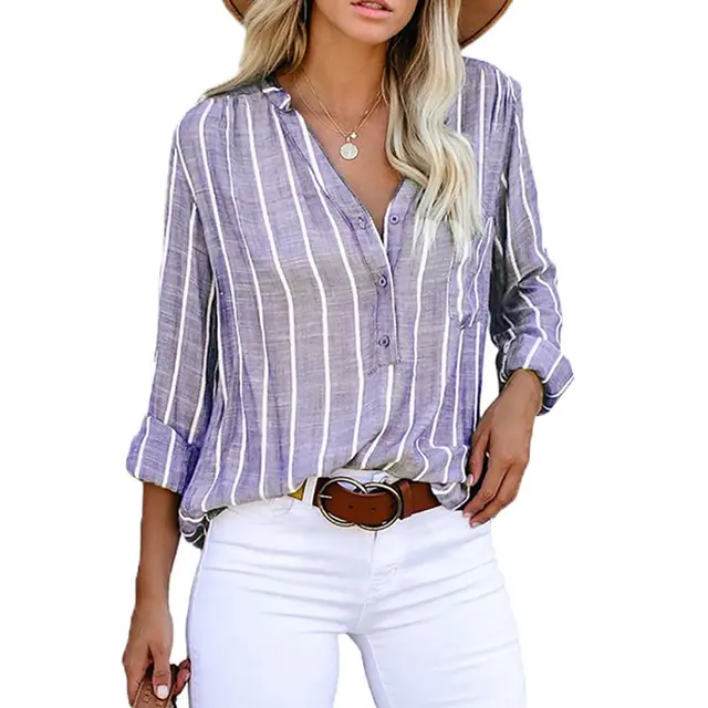 Striped Shirt Loose Single Breasted Long Sleeve Top Women's Purple - Shop at LoveMi