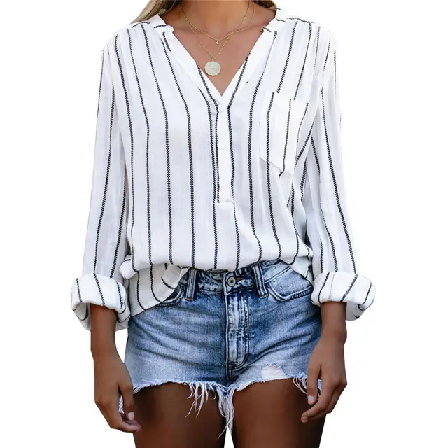 Striped Shirt Loose Single Breasted Long Sleeve Top Women's White - Shop at LoveMi