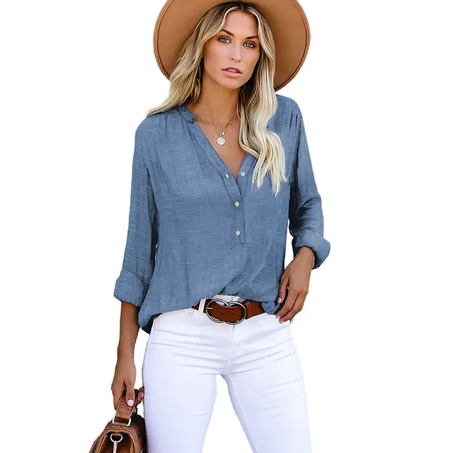 Solid Color Shirt Loose Single Breasted Long Sleeve Top Blue - Shop at LoveMi