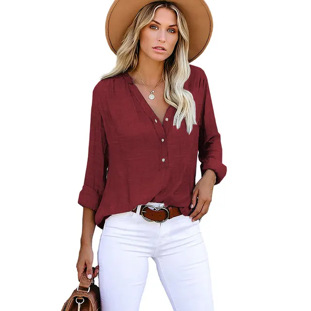 Solid Color Shirt Loose Single Breasted Long Sleeve Top Red - Shop at LoveMi