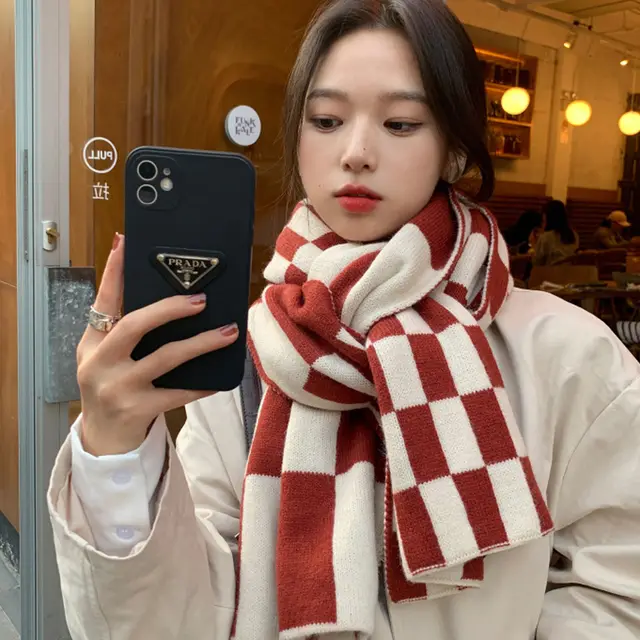 French Tide Plaid Women's Autumn And Winter Scarf Wine Red - Shop at LoveMi