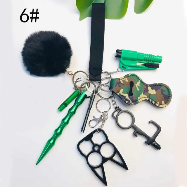 Self Defense Keychain Suit Personal Keychain For Girls Women Safety Key Ring With Hand Sanitizer Bottle Holder Pompom Whistle - Green Color 11Piece... - View 1