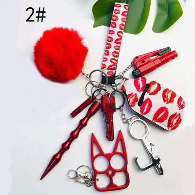 Self Defense Keychain Suit Personal Keychain For Girls Women Safety Key Ring With Hand Sanitizer Bottle Holder Pompom Whistle Red Color 11Piece Set - Shop at LoveMi