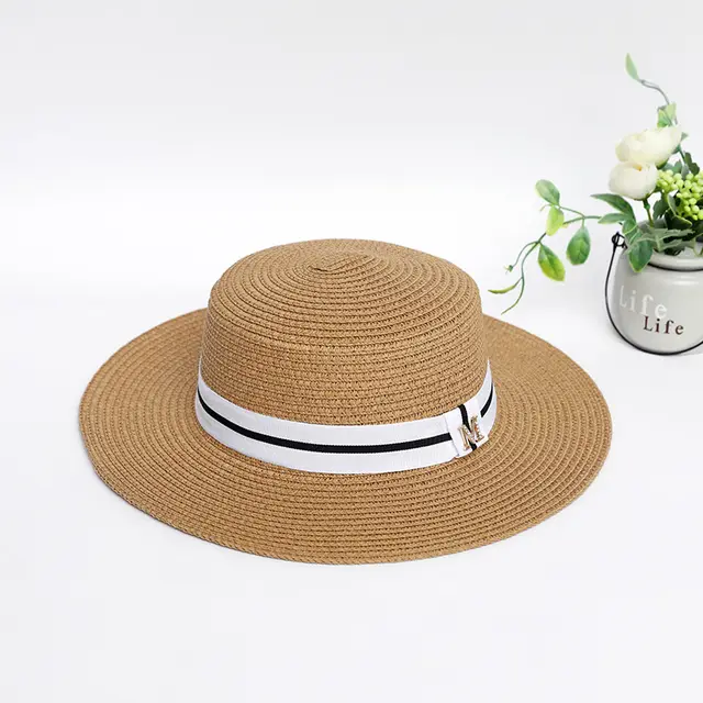 Rhinestone M Standard Flat Top Straw Hat Seaside Shade Khaki - Shop at LoveMi