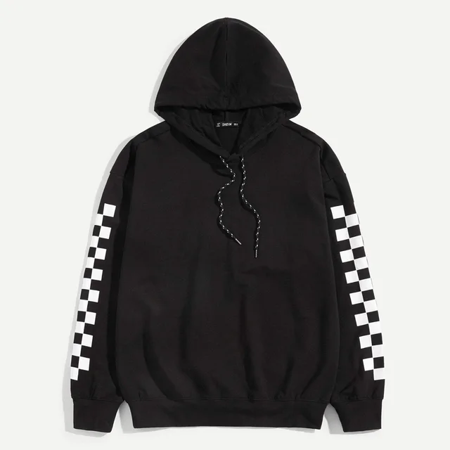 Black Plaid Hoodie Solid Color Versatile Loose Student Hoodie Black - Shop at LoveMi