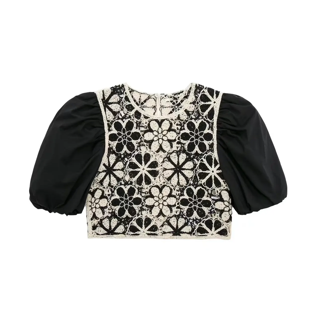 Crewneck Crochet Panel Puff Sleeve Cropped Top - Photo Color - View 1