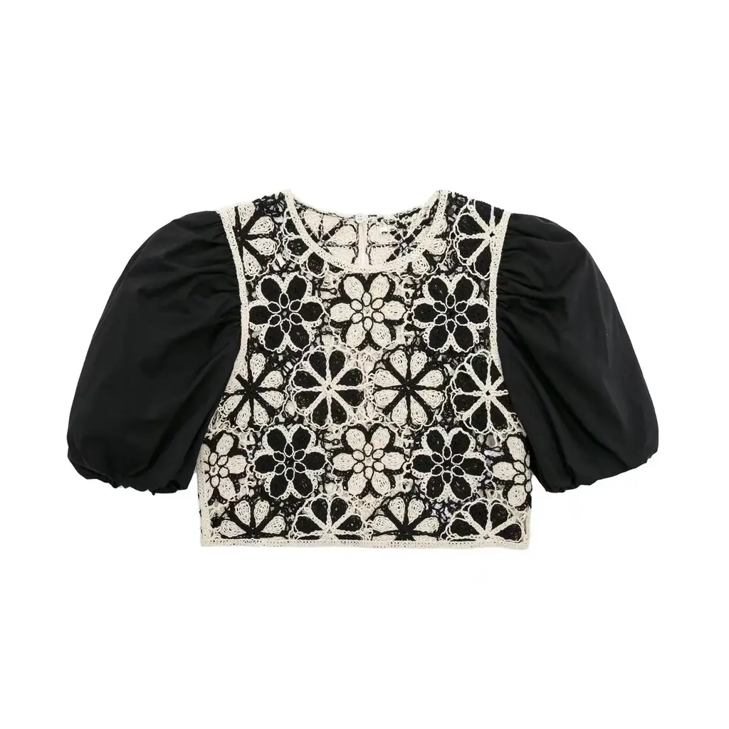 Crewneck Crochet Panel Puff Sleeve Cropped Top - Photo Colour