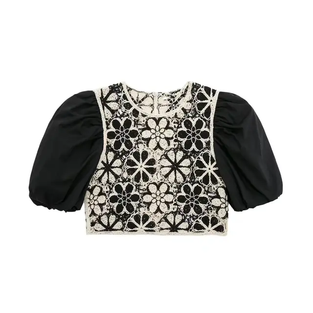 Crewneck Crochet Panel Puff Sleeve Cropped Top Photo Color - Shop at LoveMi