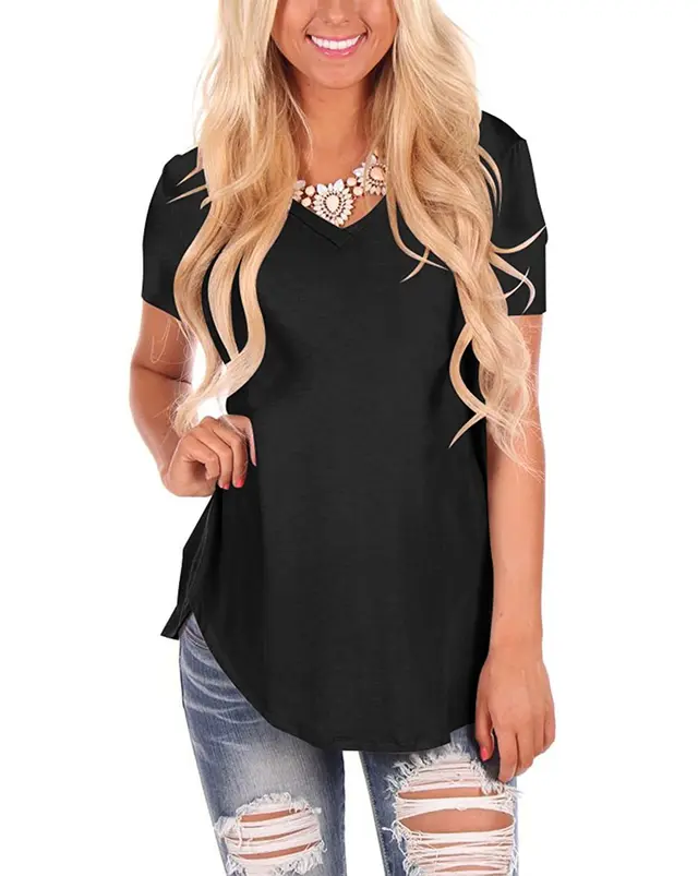 V neck Knitted Solid Color Top Plus Size Loose Short Sleeve Black - Shop at LoveMi
