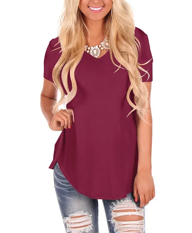 V neck Knitted Solid Color Top Plus Size Loose Short Sleeve Wine Red - Shop at LoveMi