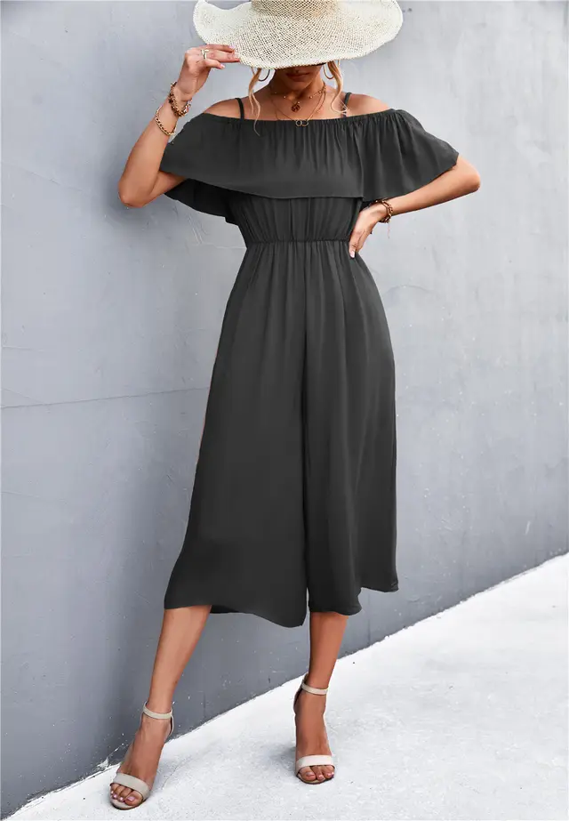 Solid Color One Shoulder Loose Casual Sling Jumpsuit Black - Shop at LoveMi