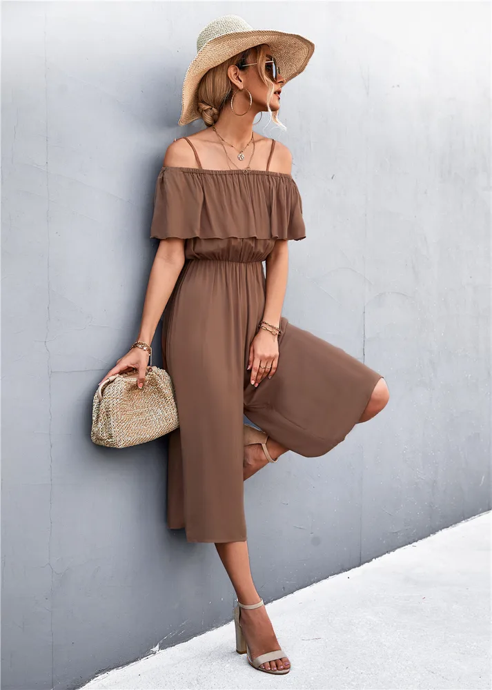 Solid Color One Shoulder Loose Casual Sling Jumpsuit Brown - Shop at LoveMi