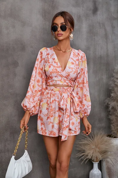 Women's Printed Lace Up Long Sleeve Jumpsuit Red - Shop at LoveMi