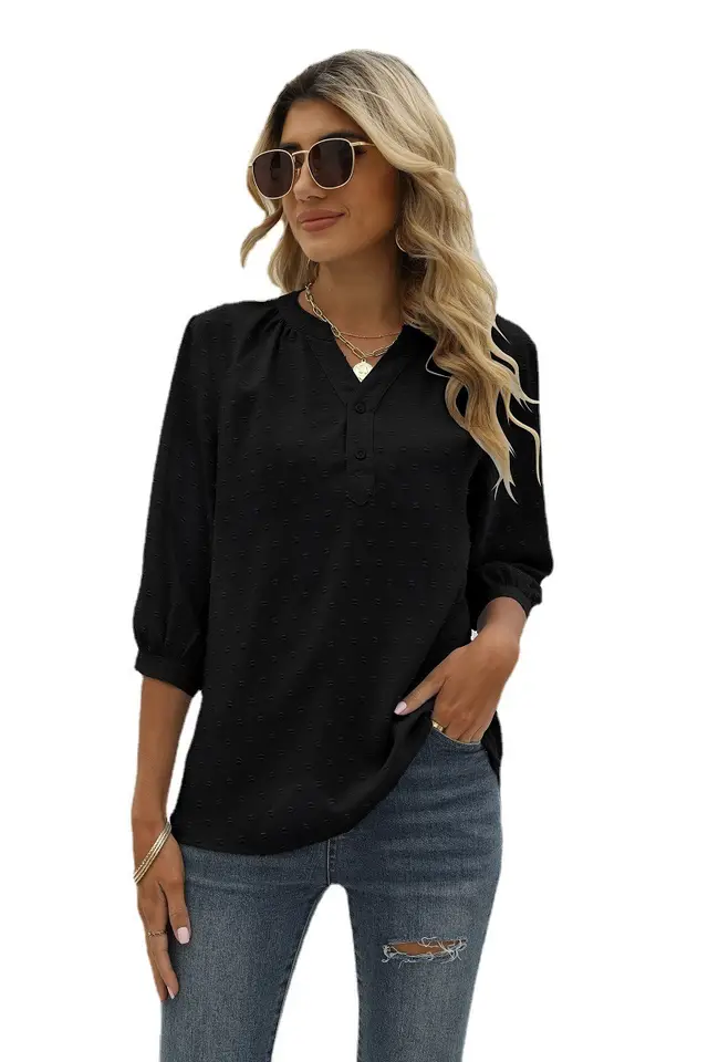 Women's Stand up Collar Medium sleeve Shirt Jacquard Fur Ball Casual Loose Top Black - Shop at LoveMi