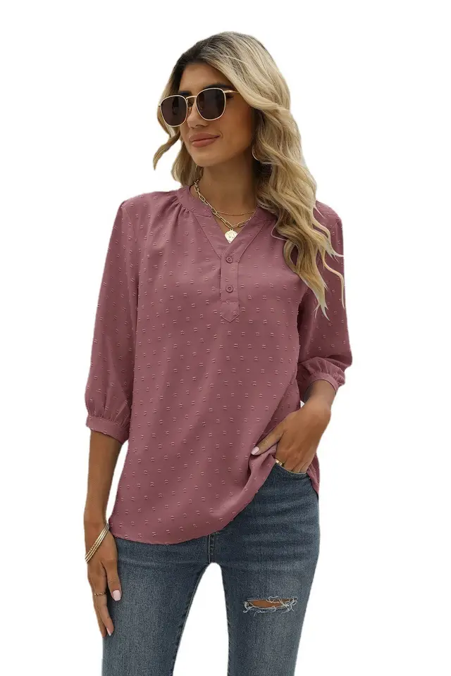 Women's Stand up Collar Medium sleeve Shirt Jacquard Fur Ball Casual Loose Top Leather Pink - Shop at LoveMi