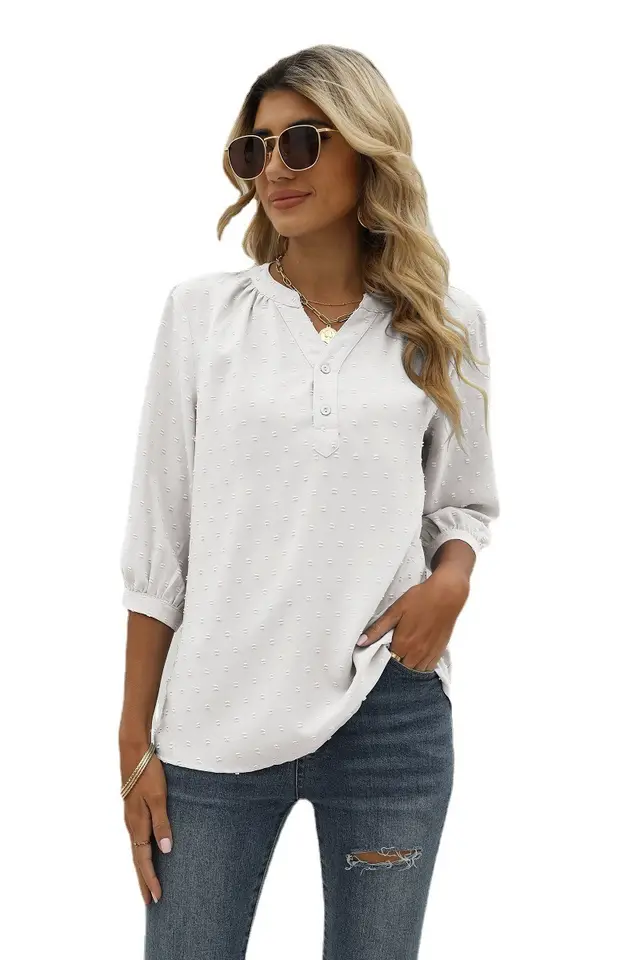 Women's Stand up Collar Medium sleeve Shirt Jacquard Fur Ball Casual Loose Top White - Shop at LoveMi