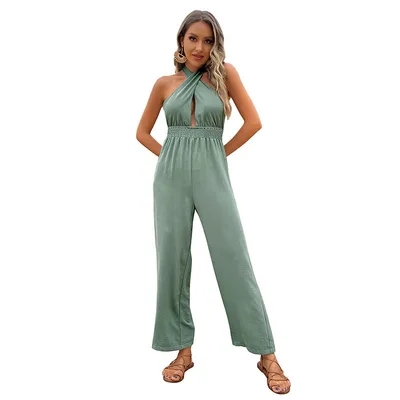 Cross Tie Backless Solid Cropped Jumpsuit Green - Shop at LoveMi