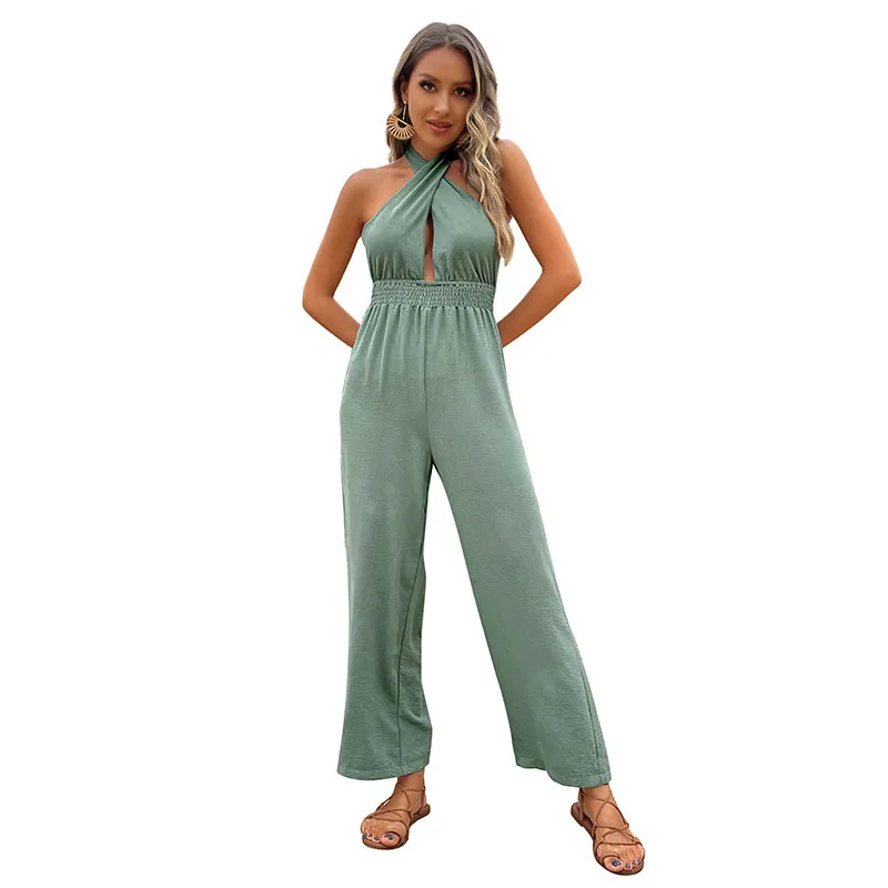 Cross-Tie Backless Solid Cropped Jumpsuit - Green